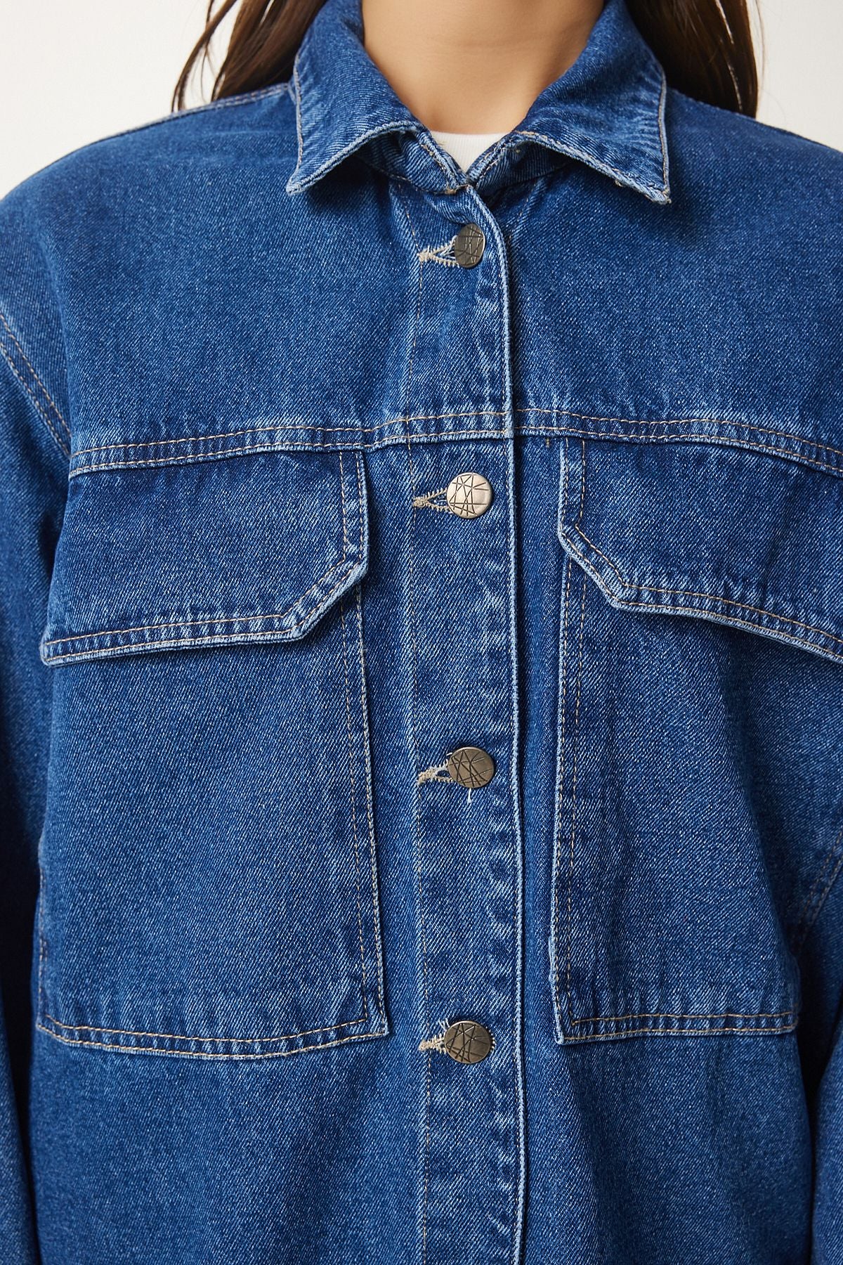 Koyu Mavi Geniş Cepli Oversize Denim Ceket AN00223
