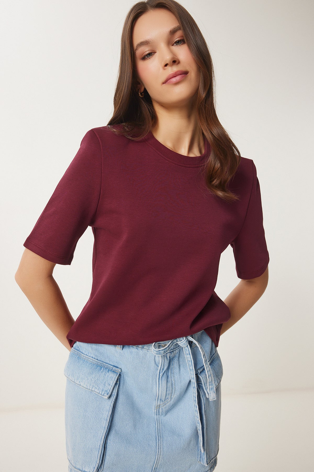 Bordo Vatkalı Pamuklu Örme T-Shirt DZ00121