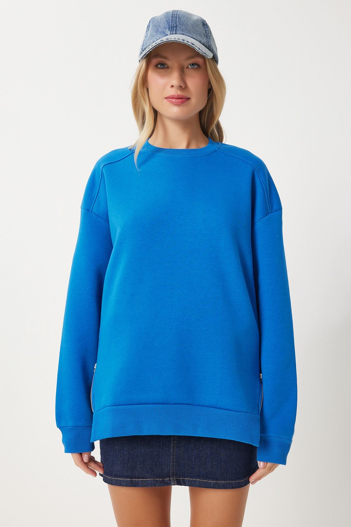 Koyu Mavi Fermuar Detaylı Şardonlu Örme Sweatshirt UB00148