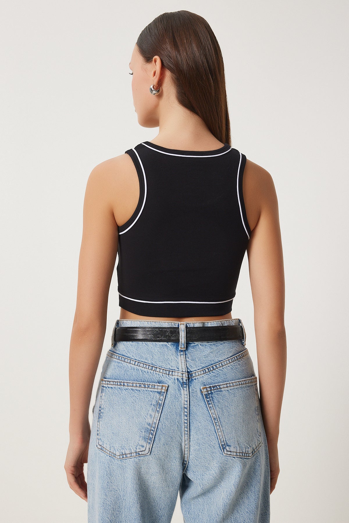 Siyah Şeritli Crop Tok Örme Bluz US00945