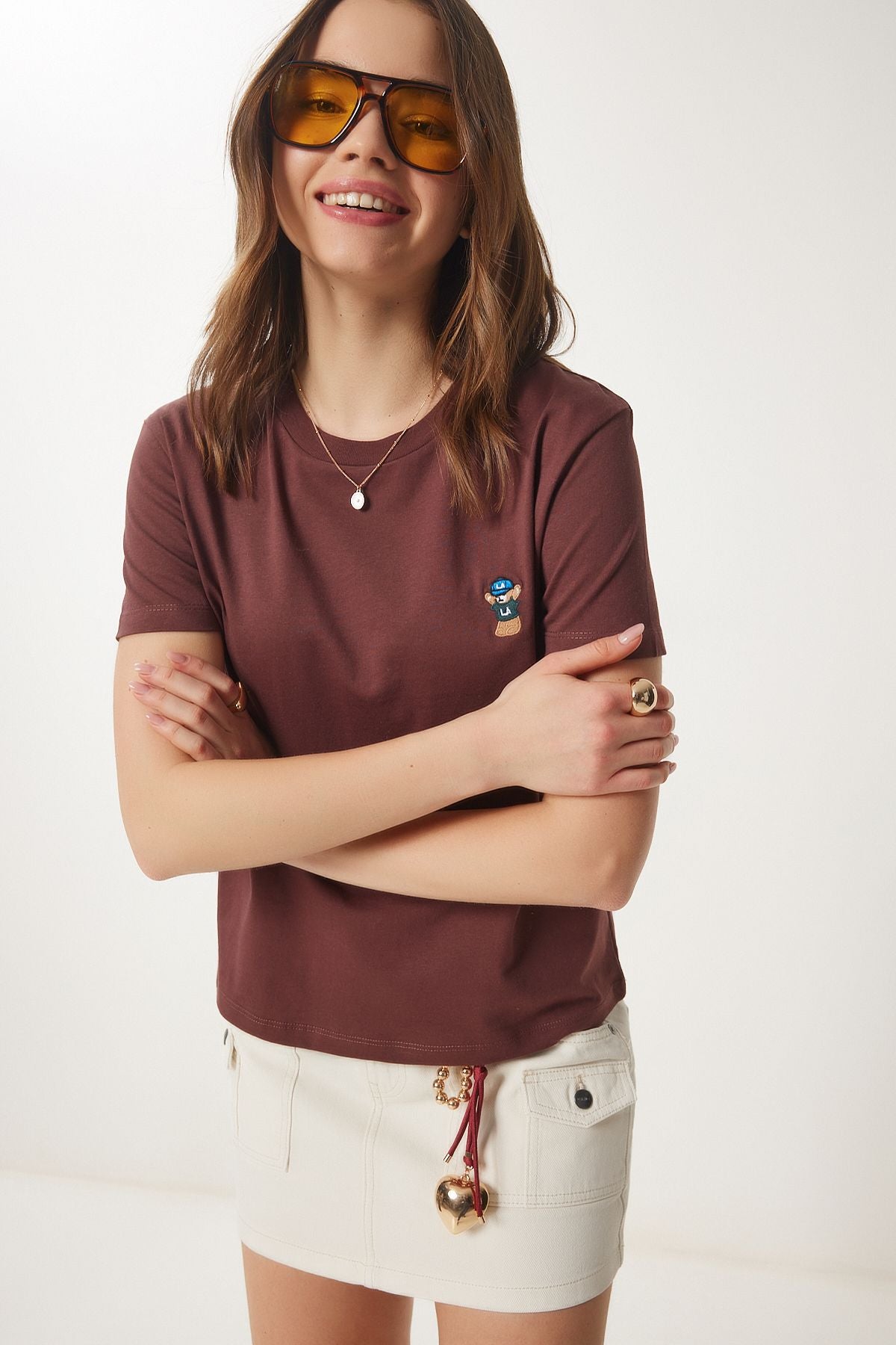 Kahverengi Ayıcık İşlemeli Pamuklu Örme T-Shirt CR00455