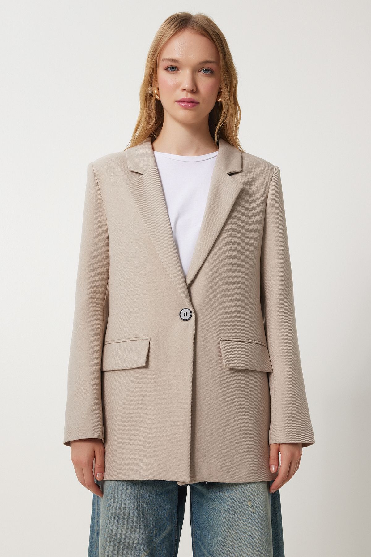 Bej Vatkalı Dokuma Blazer Ceket HL00005