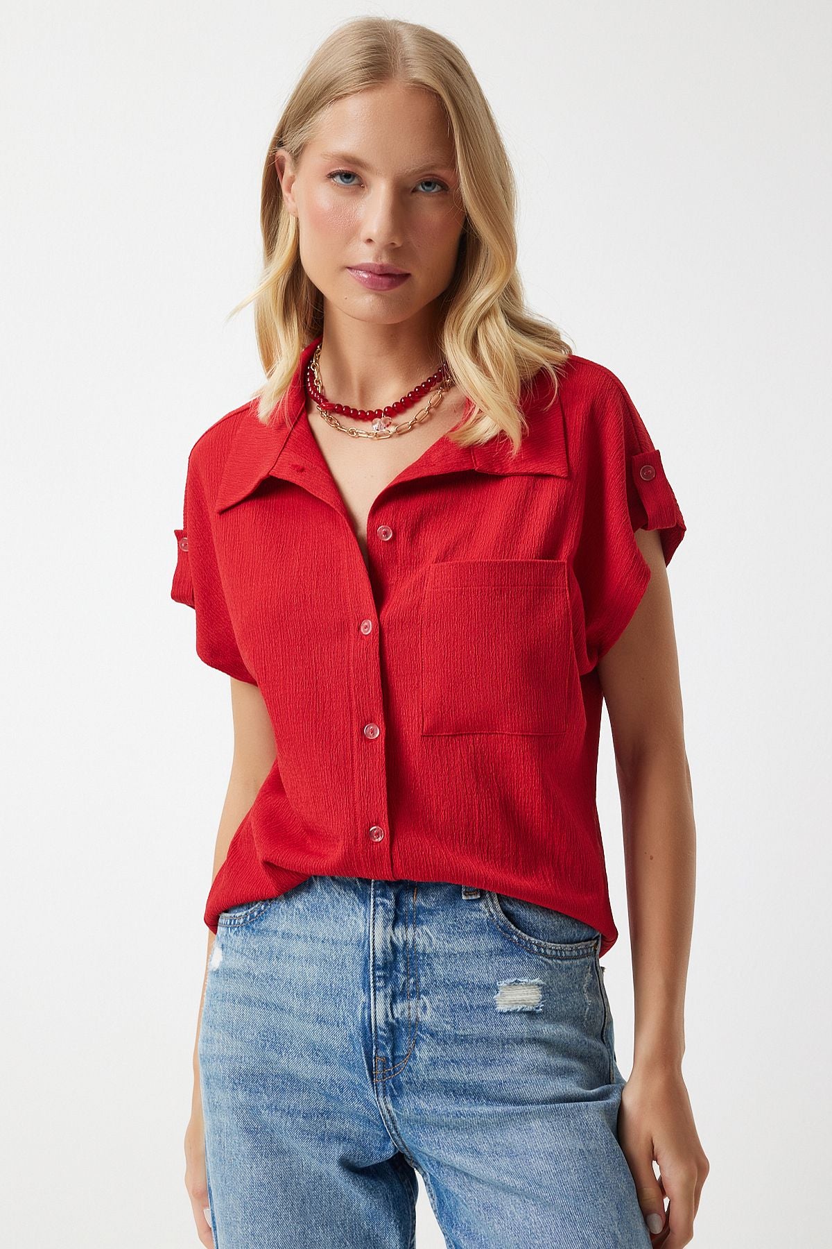 Kırmızı Cepli Rahat Örme Gömlek DD01325
