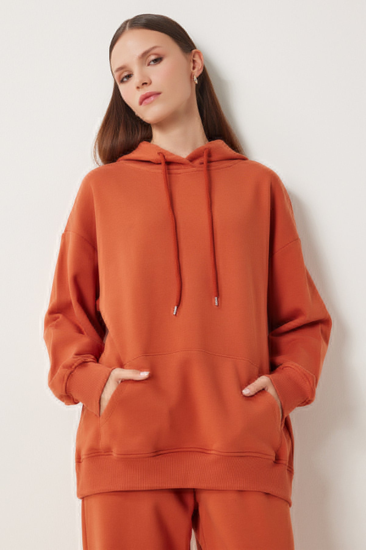 Kiremit Kapüşonlu Sweatshirt Jogger Oversize Örme Eşofman Takımı PYS0027
