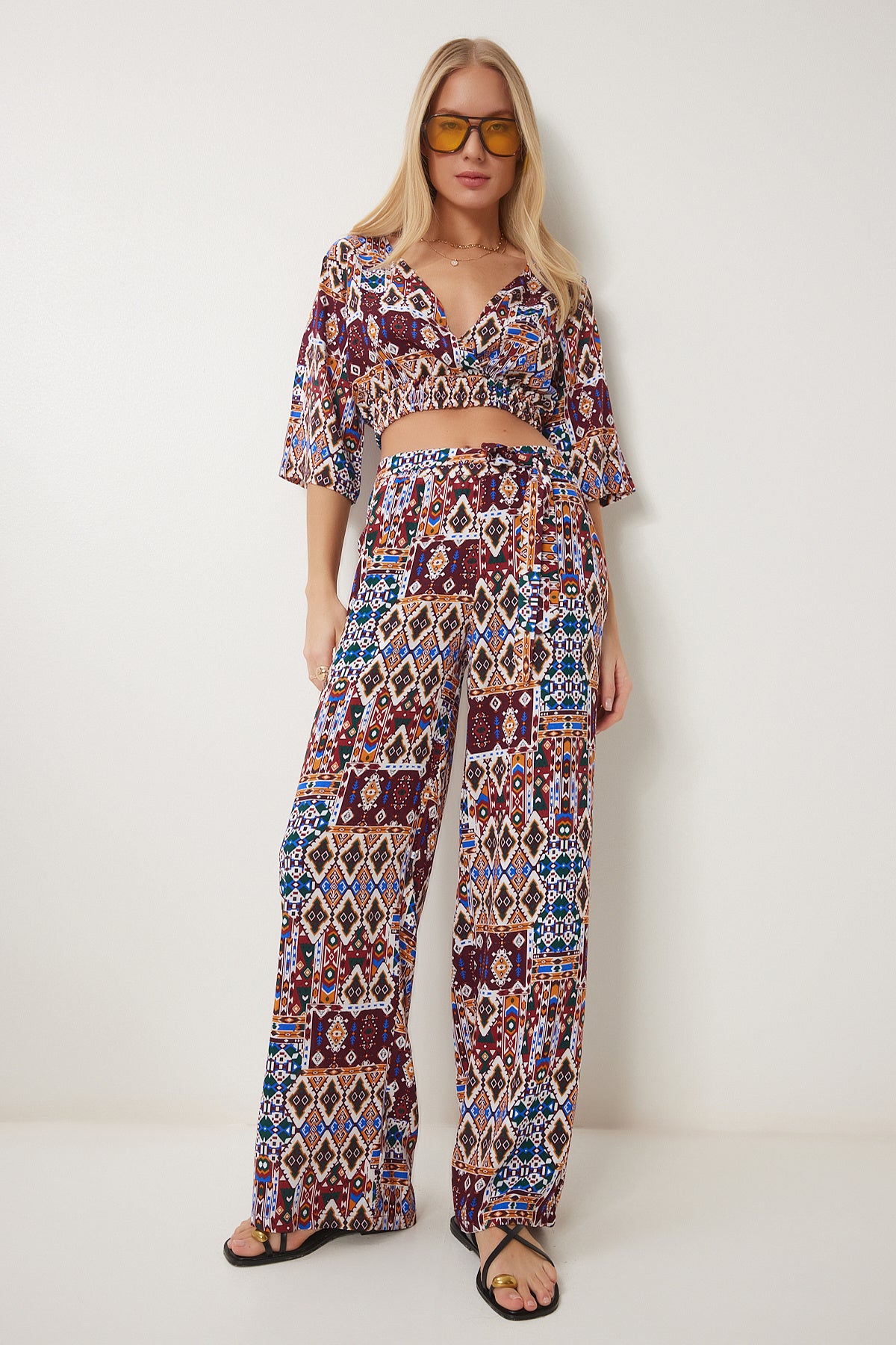 Bordo Oranj Desenli Crop Bluz Pantolon Takım ZV00270