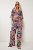 Bordo Oranj Desenli Crop Bluz Pantolon Takım ZV00270