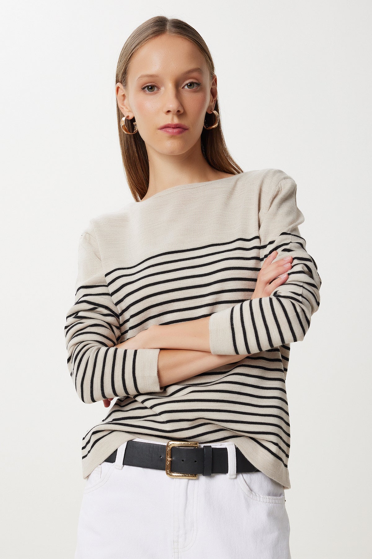 Taş Siyah Çizgili Basic Triko Kazak Kİ00154