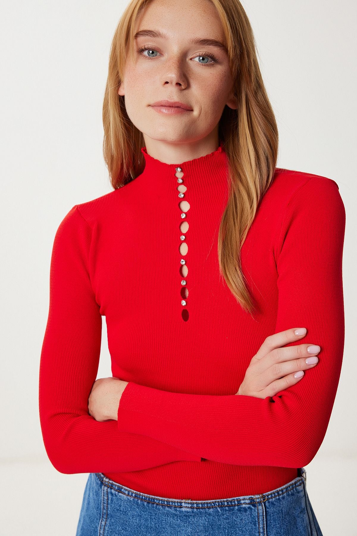 Kırmızı Cut Out Detaylı Taşlı Triko Kazak Kİ00159