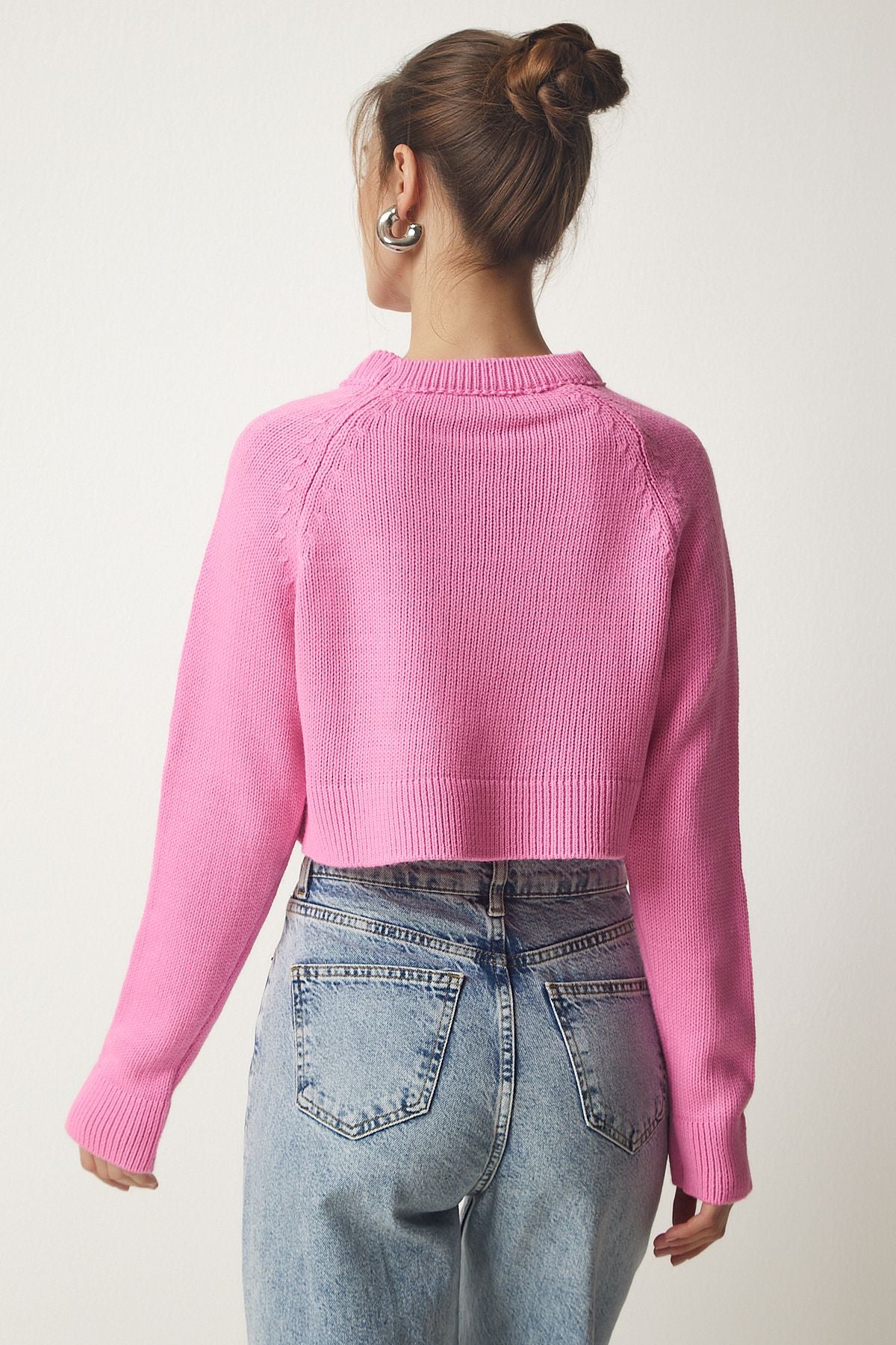 Pembe Bisiklet Yaka Crop Triko Kazak MC00240