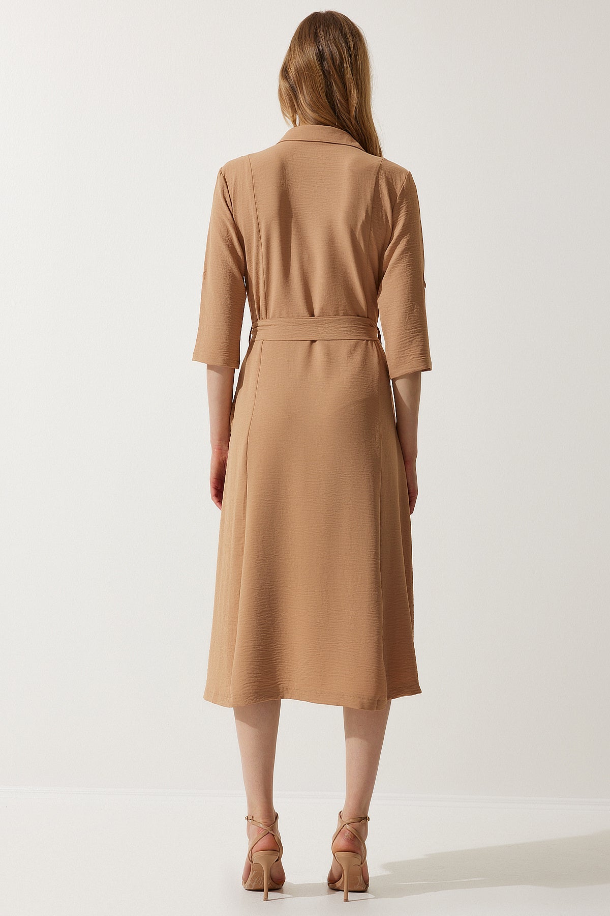 Camel Kuşaklı Gömlek Elbise DD01256