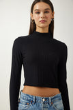 Siyah Balıkçı Yaka Fitilli Crop Örme Bluz AH00153