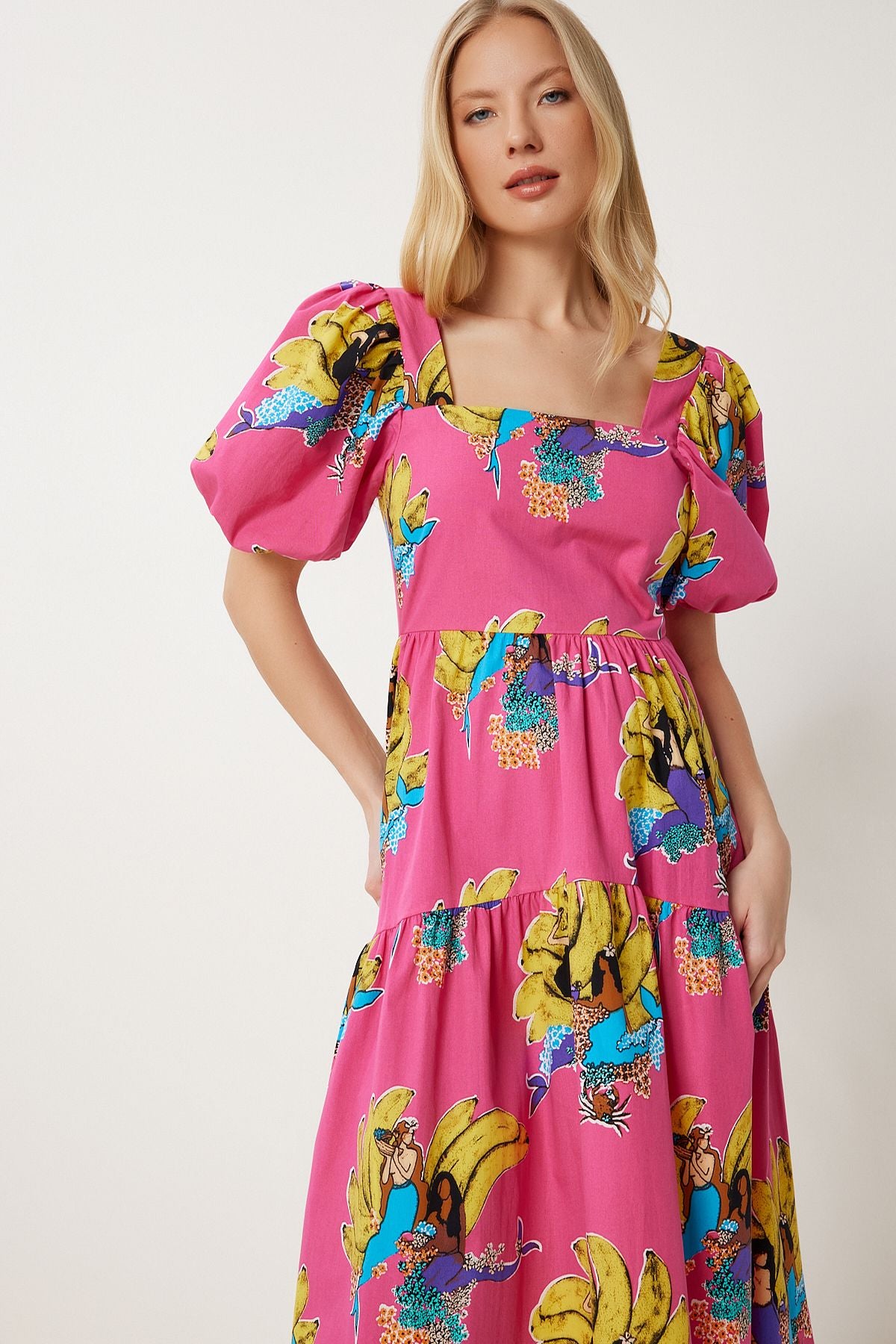 Pembe Sarı Desenli Yazlık Midi Poplin Elbise FK00017