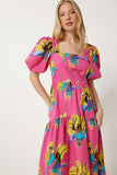 Pembe Sarı Desenli Yazlık Midi Poplin Elbise FK00017