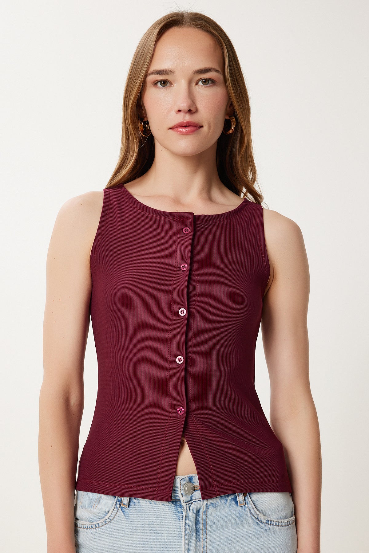 Bordo Düğmeli Esnek Fitilli Örme Yelek ZV00325