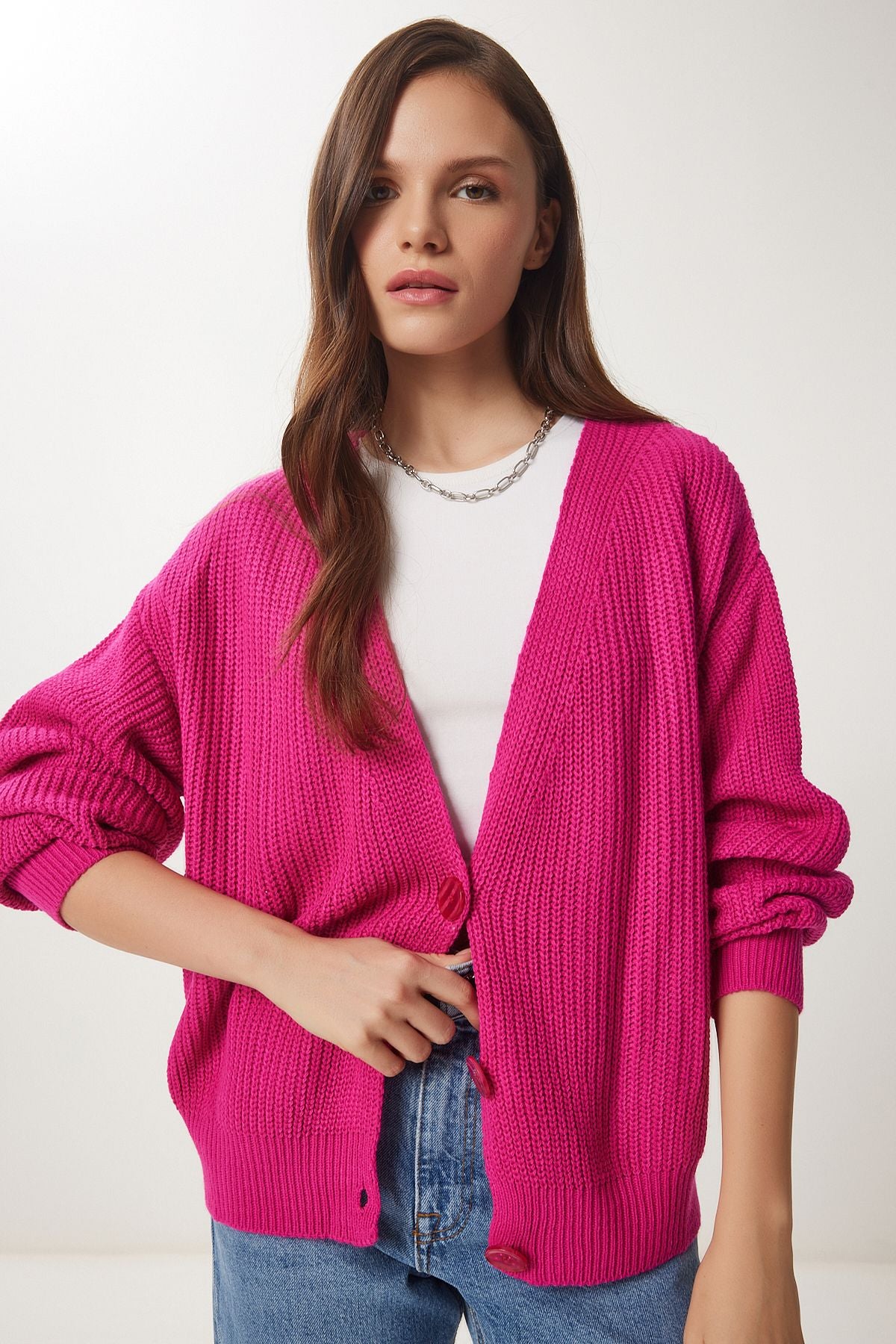 Koyu Pembe V Yaka Düğmeli Triko Hırka MX00175
