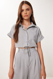 Gri Keten Crop Gömlek Pantolon Takım BV00149