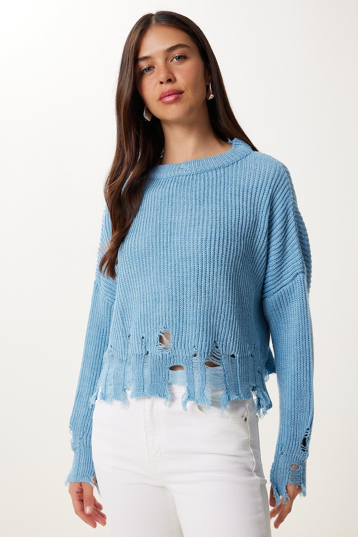 Mavi Yırtık Detaylı Oversize Triko Kazak ki00098
