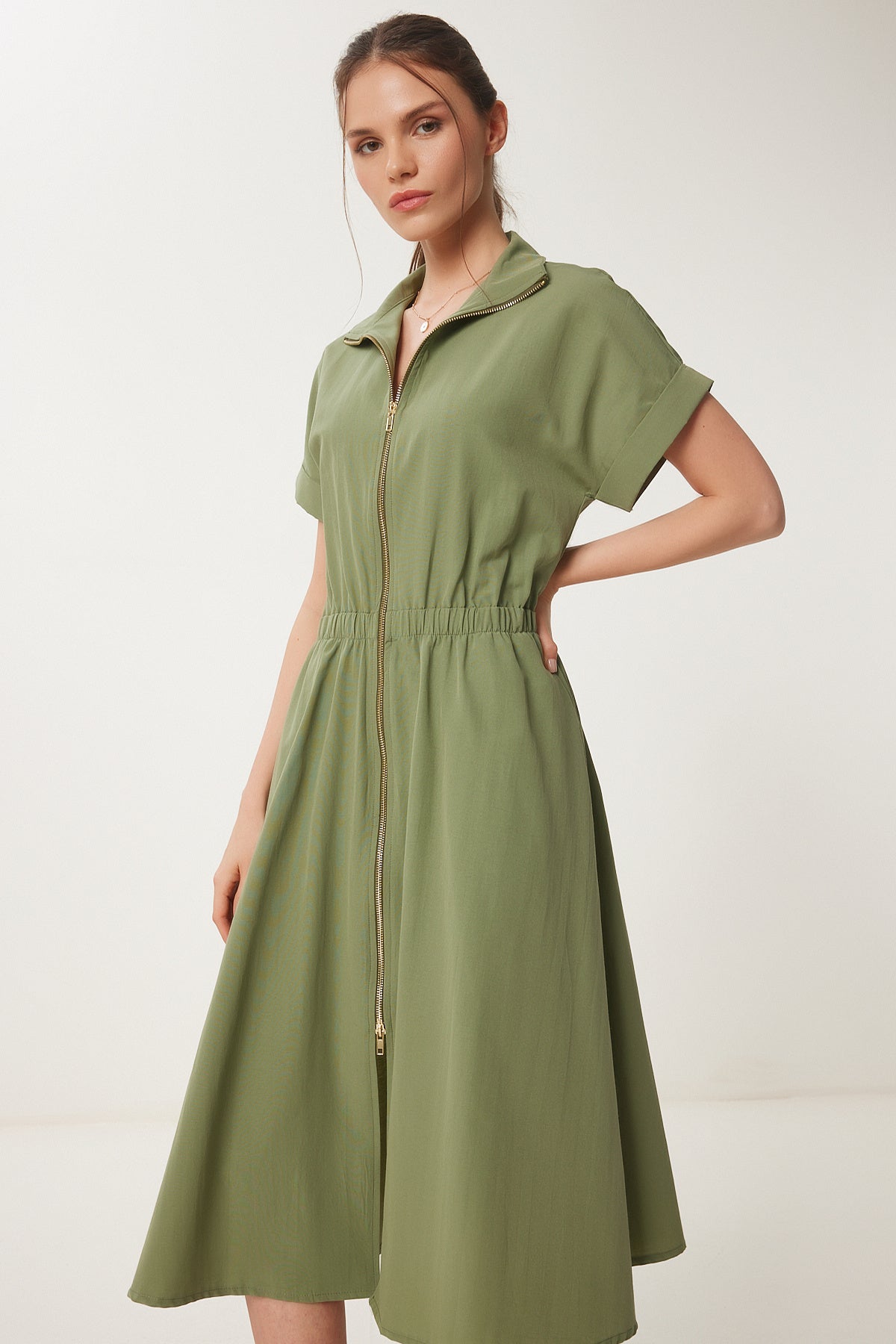 Haki Fermuarlı Midi Poplin Elbise UB00375