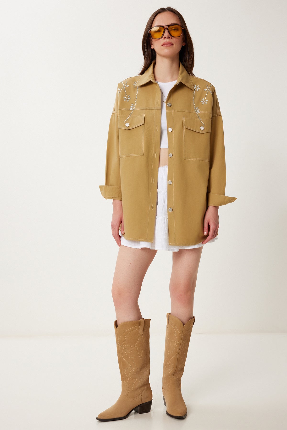 Zeytin Yeşili Taşlı Oversize Gabardin Gömlek Ceket SA00040