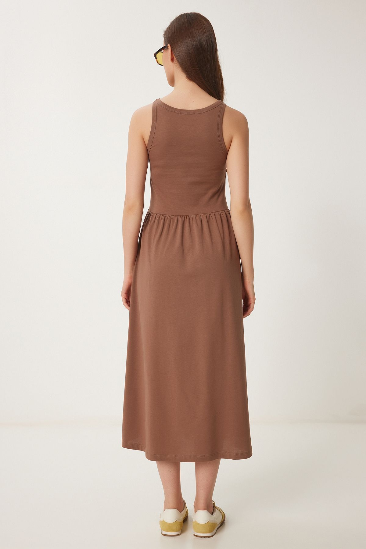 Kahverengi Halter Yaka Basic Yazlık Örme Elbise CR00474