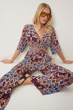 Bordo Oranj Desenli Crop Bluz Pantolon Takım ZV00270