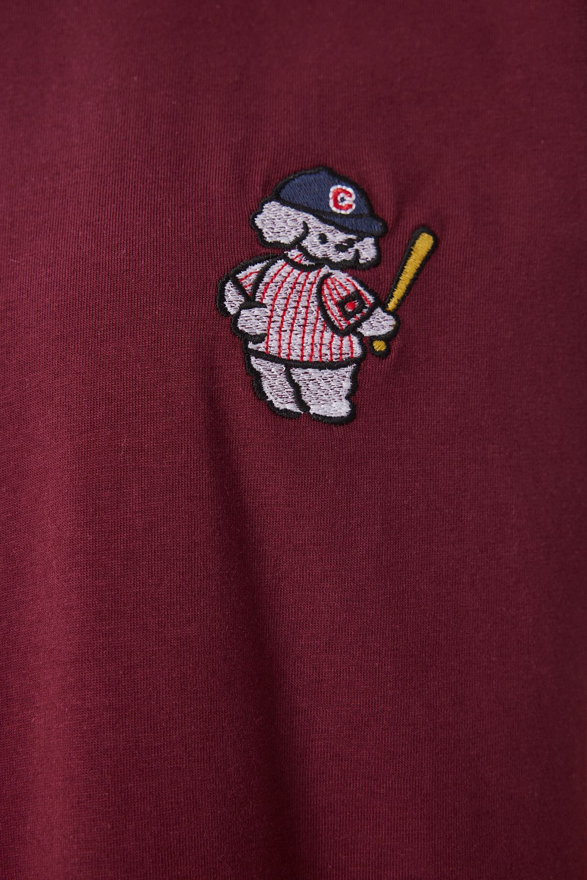 Bordo Ayıcık İşlemeli Pamuklu Örme T-Shirt CR00485