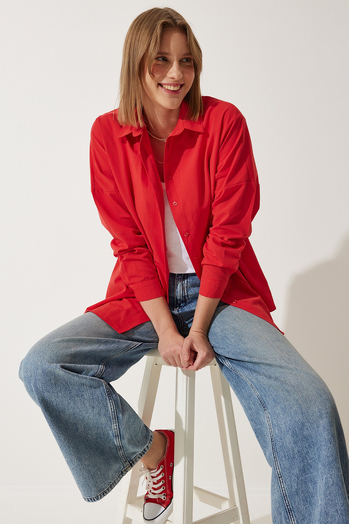 Orta Kırmızı Oversize Uzun Basic Gömlek DD00842