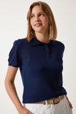 Lacivert Polo Yaka Hafif Transparan Yazlık Triko Bluz YY00209
