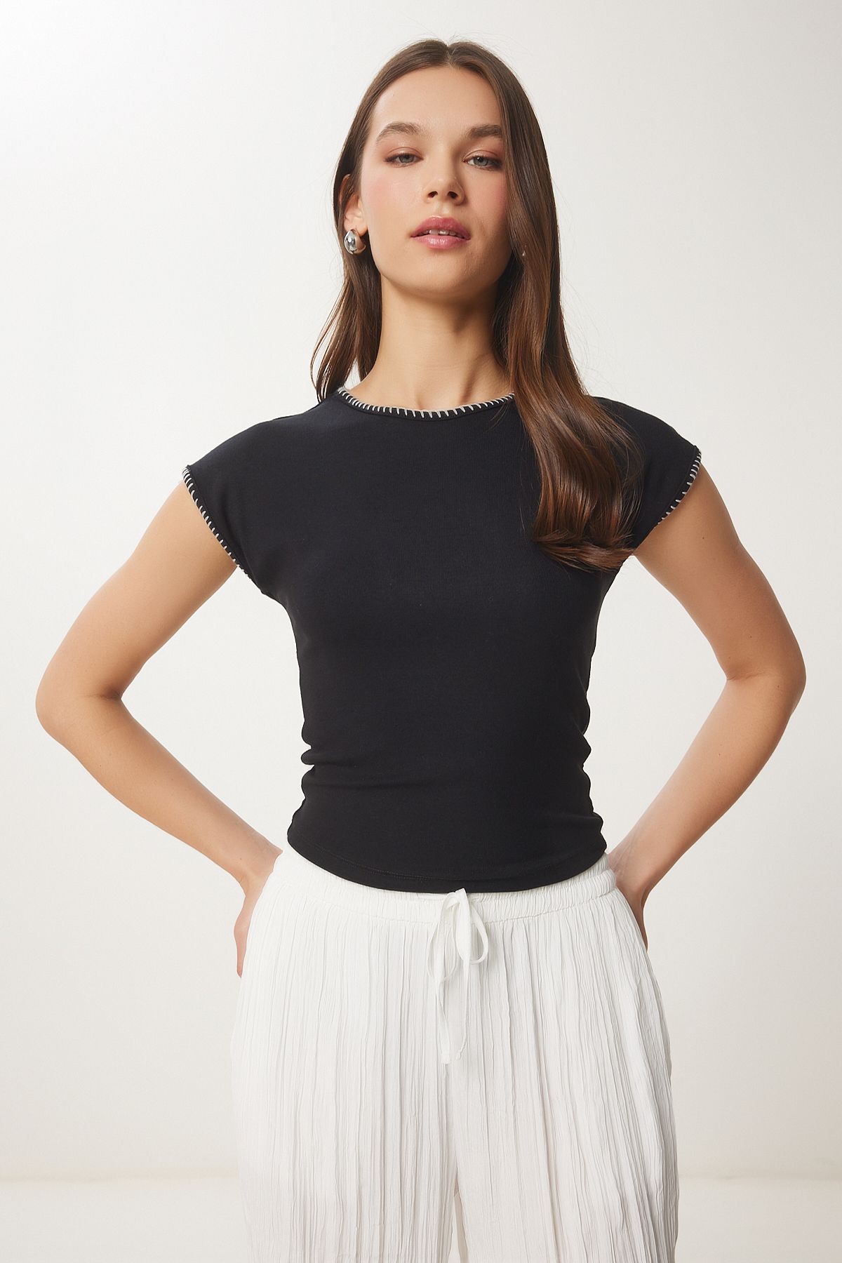 Siyah Kontrast Şeritli Örme Bluz FW00006