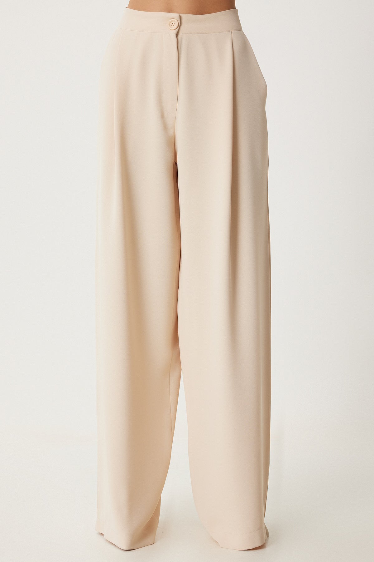 Krem Cepli Dokuma Palazzo Pantolon UL00052