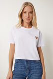 Beyaz Kalp Baskılı Pamuklu Kısa Örme T-Shirt AN00224