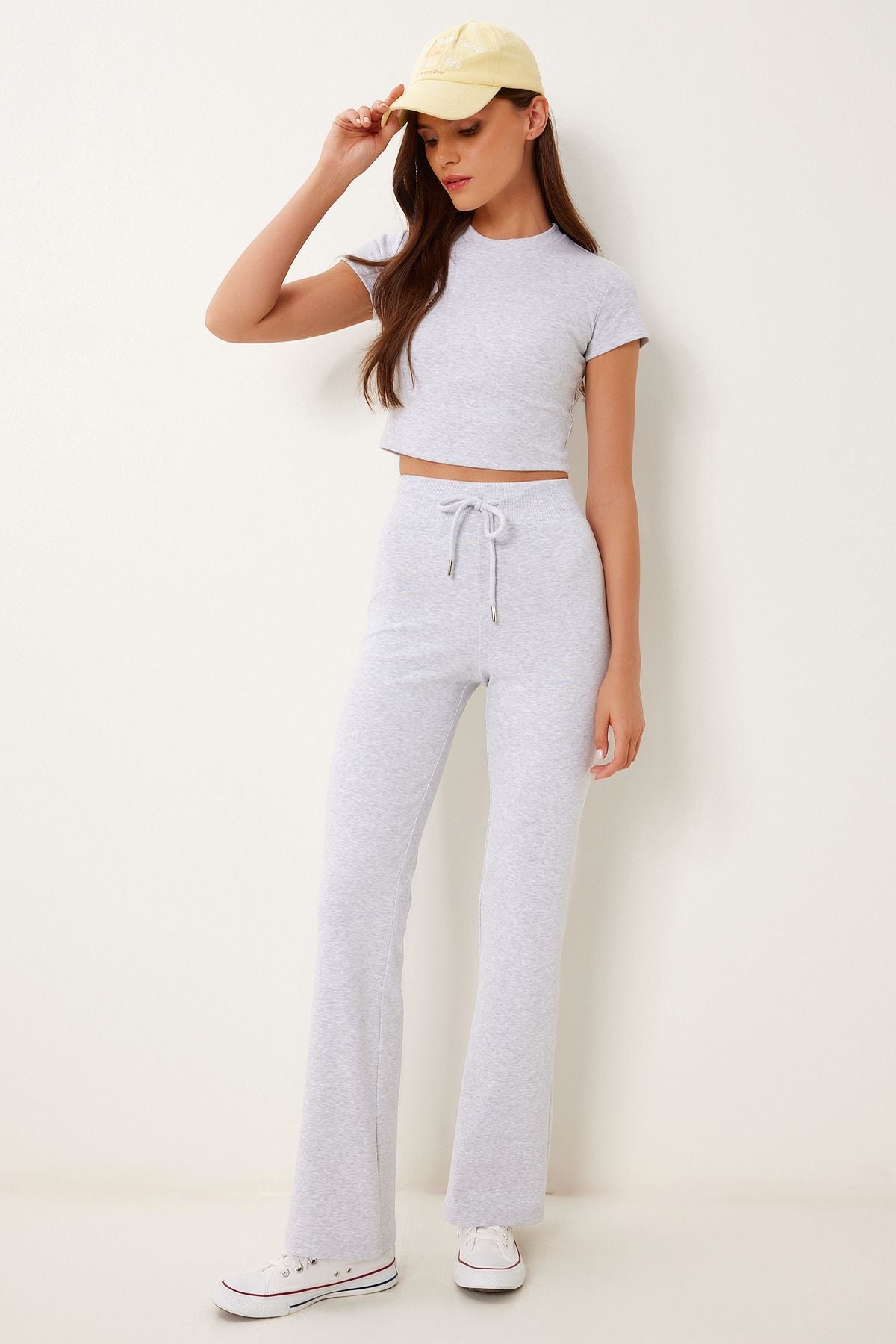 Gri Melanj Fitted/Vücuda Oturan Esnek Örme Alt-Üst Takım US00998
