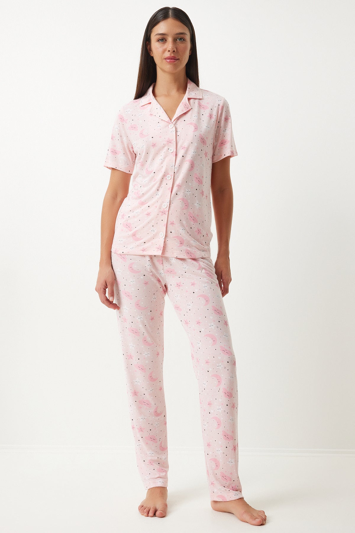 Açık Pembe Desenli Gömlek Pantolon Pijama Takımı EC00043