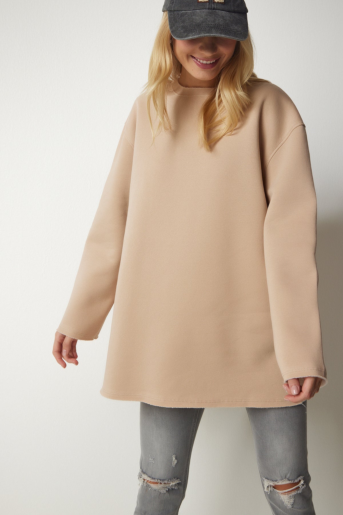 Camel Şardonlu Oversize Örme Sweatshirt NJ00131