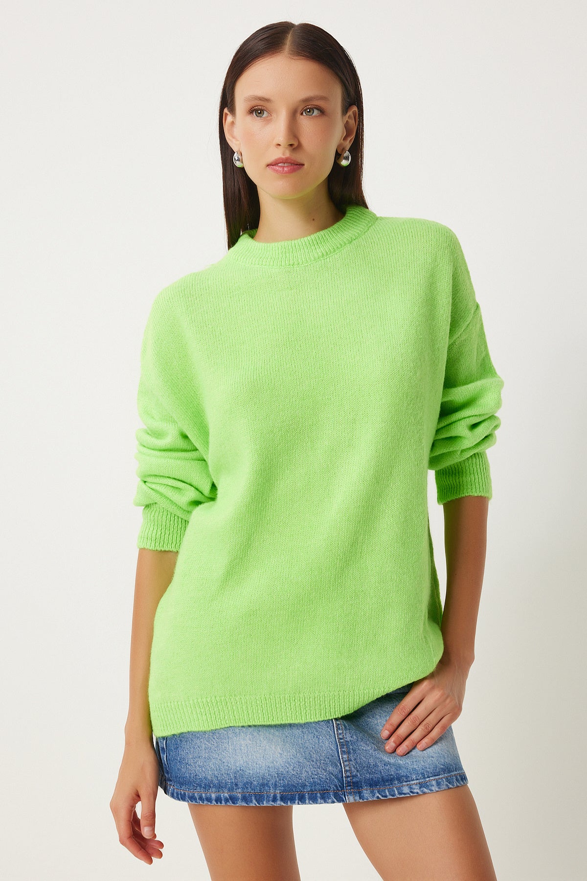 Neon Yeşil Oversize Yumuşak Triko Kazak  FN03336