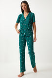 Koyu Yeşil Kalpli Gömlek Pantolon Pijama Takımı EC00036