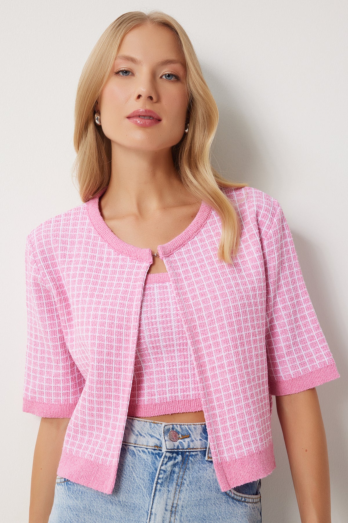Pembe Triko Crop Hırka Takım PF00093