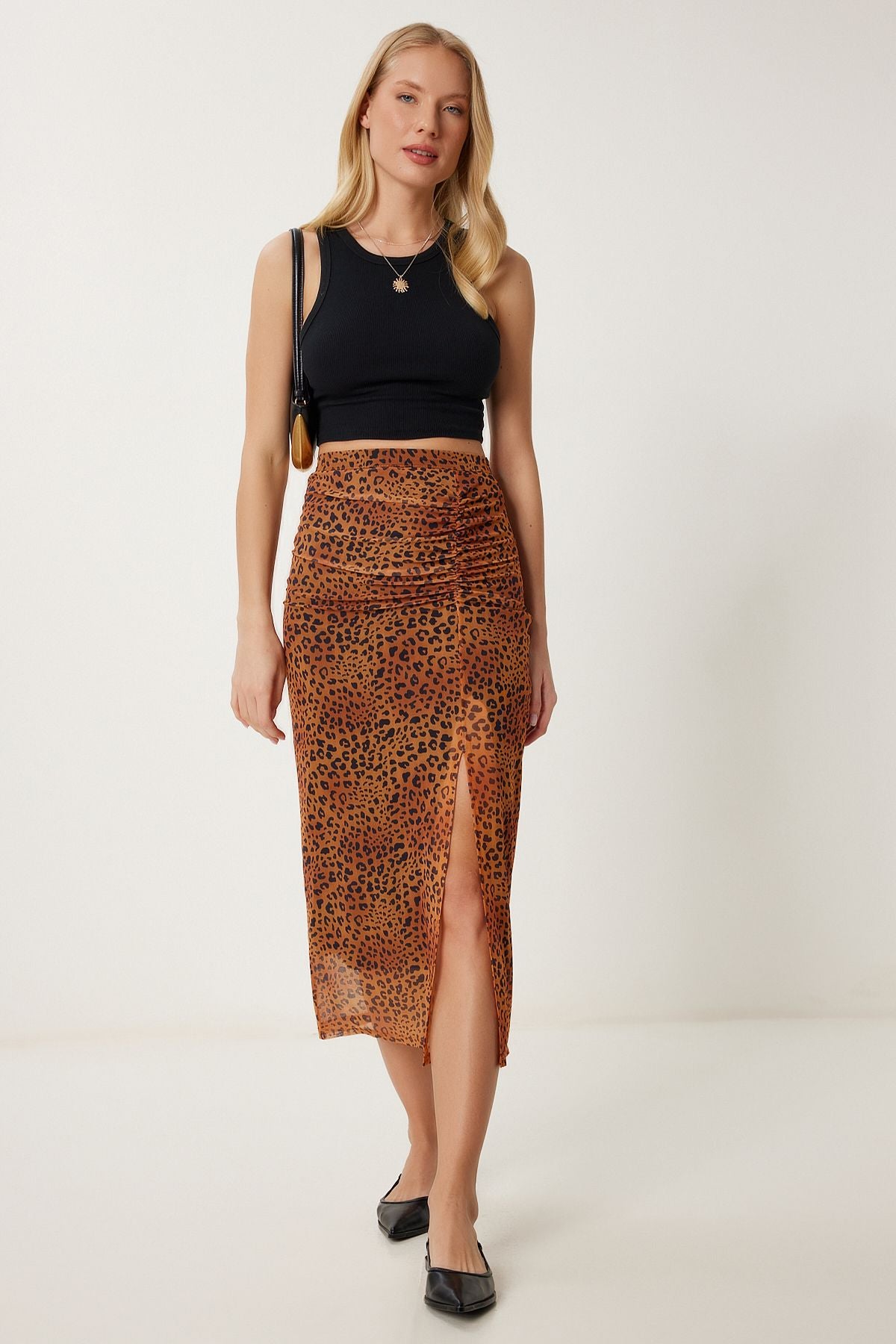 Camel Leopar Desenli Yırtmaçlı Esnek Şifon Etek CR00490