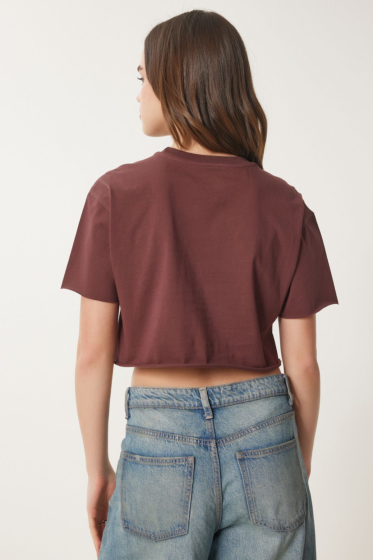 Kahverengi Pamuklu Crop Örme T-Shirt CR00443