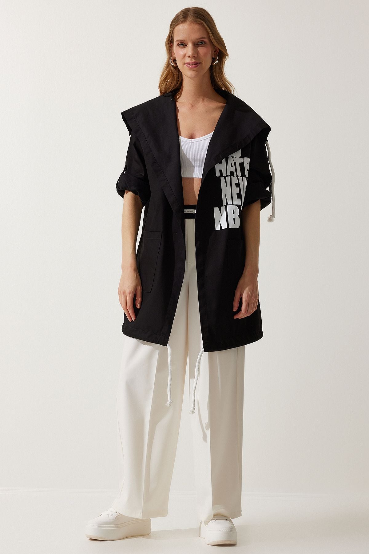 Siyah Baskılı Oversize Gabardin Ceket SA00023