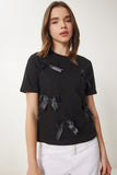 Siyah Fiyonklu Pamuklu Örme T-Shirt CR00453