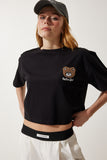 Siyah Ayıcık Armalı Crop Örme T-Shirt HF00456