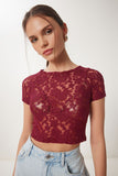 Bordo Dantelli Esnek Crop Bluz KH00094