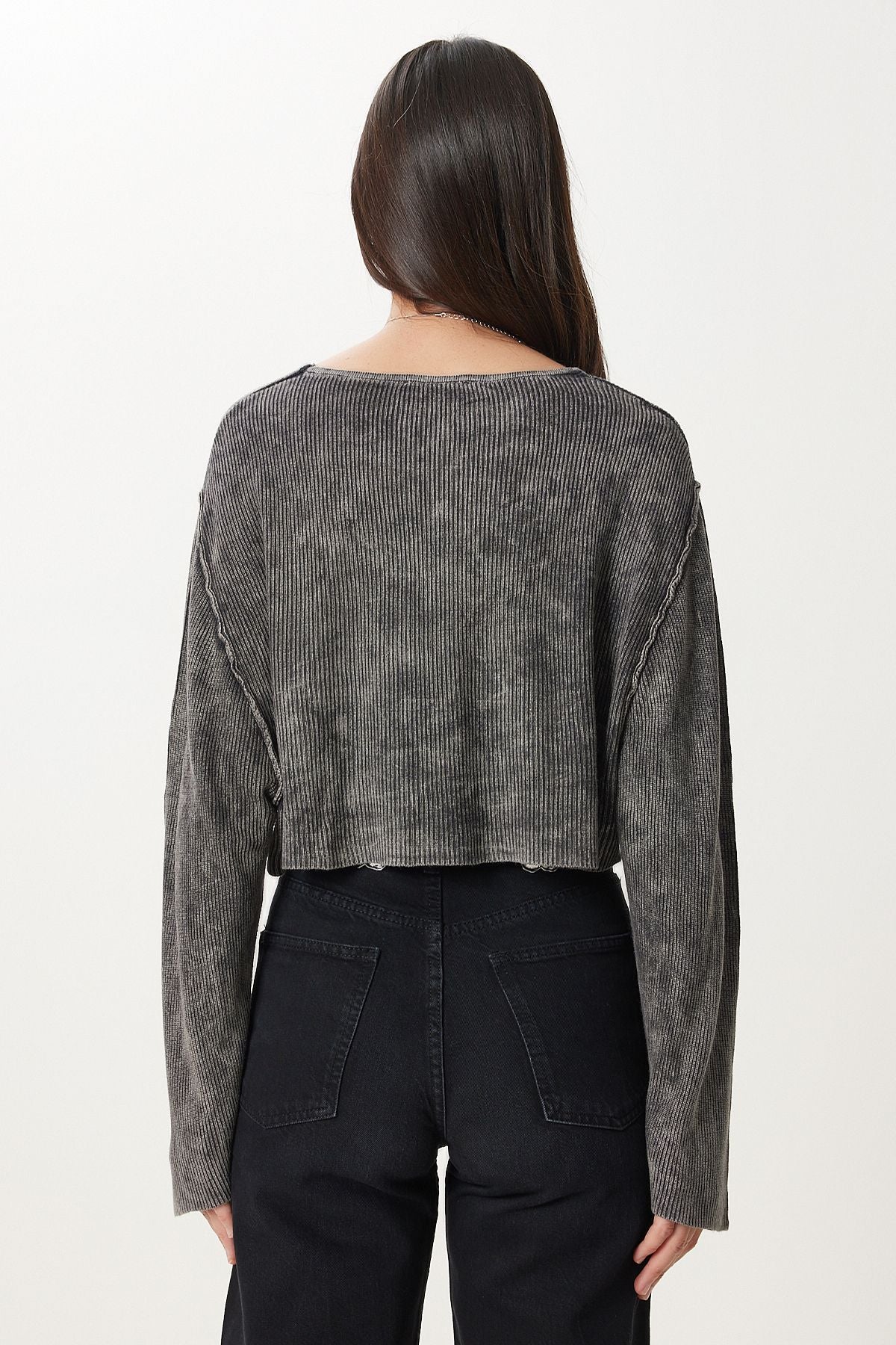 Antrasit Yıkamalı Crop Triko Kazak NS00459