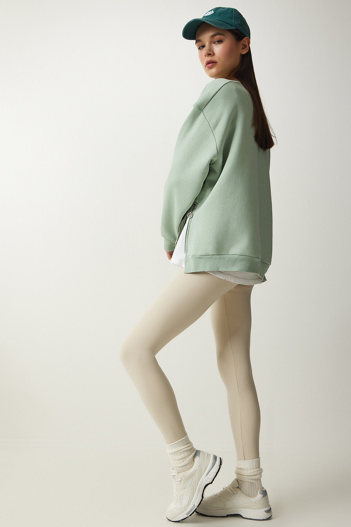 Su Yeşili Fermuar Detaylı Şardonlu Örme Sweatshirt UB00148