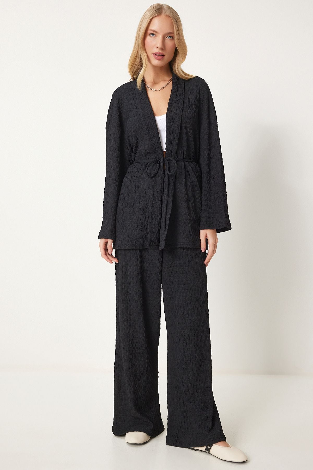 Siyah Dokulu Örme Kimono Pantolon Takım RG00046