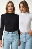 Siyah Beyaz 2'li Paket Fitilli Balıkçı Yaka Örme Bluz GT00053