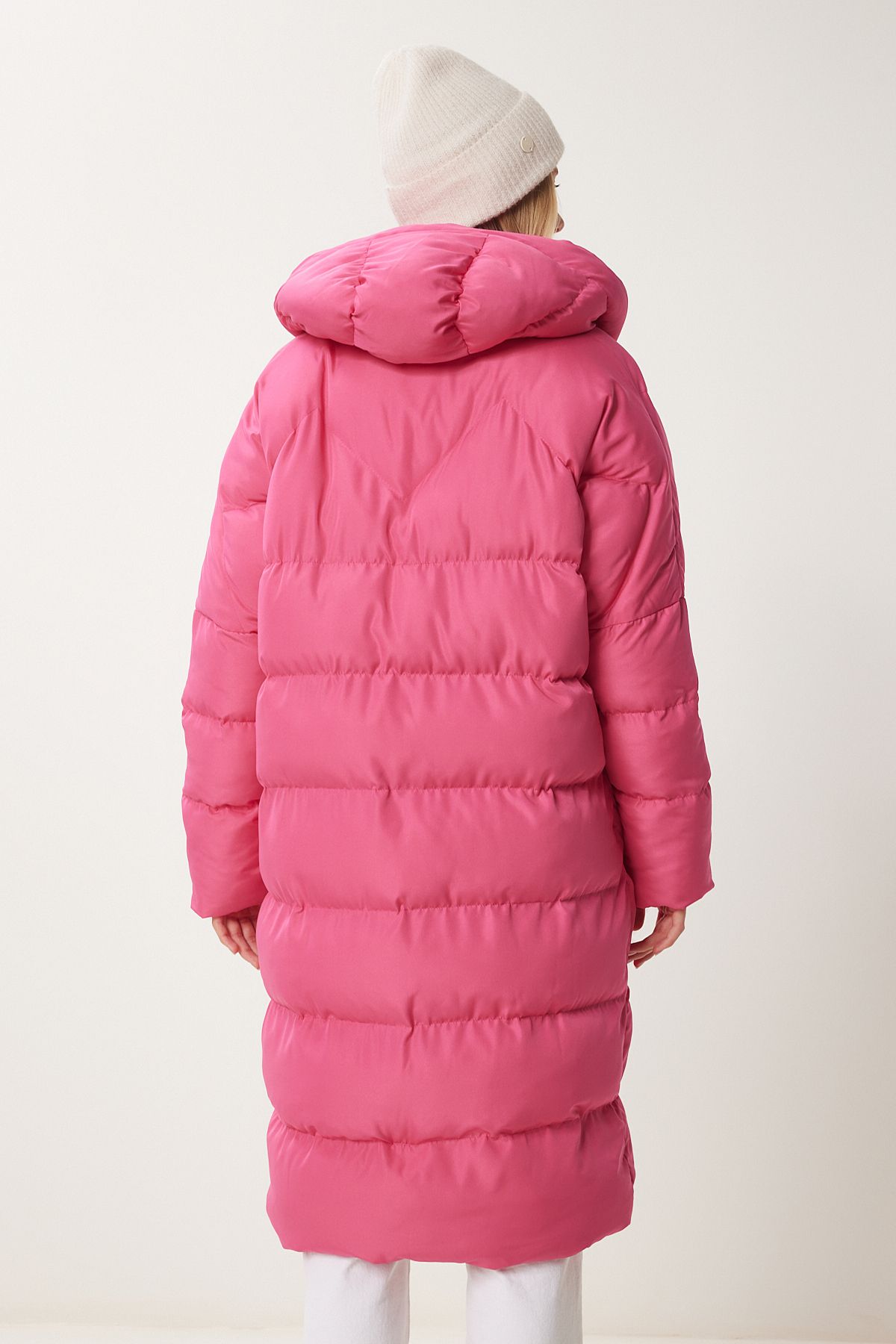 Pembe Kapüşonlu Oversize Uzun Şişme Kaban NT00428