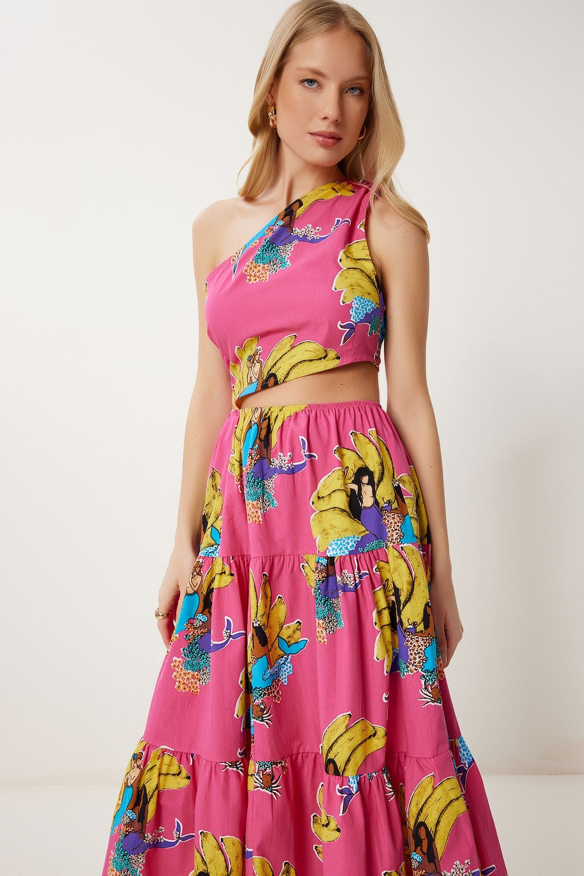 Pembe Sarı Tek Omuz Desenli Midi Poplin Elbise FK00018