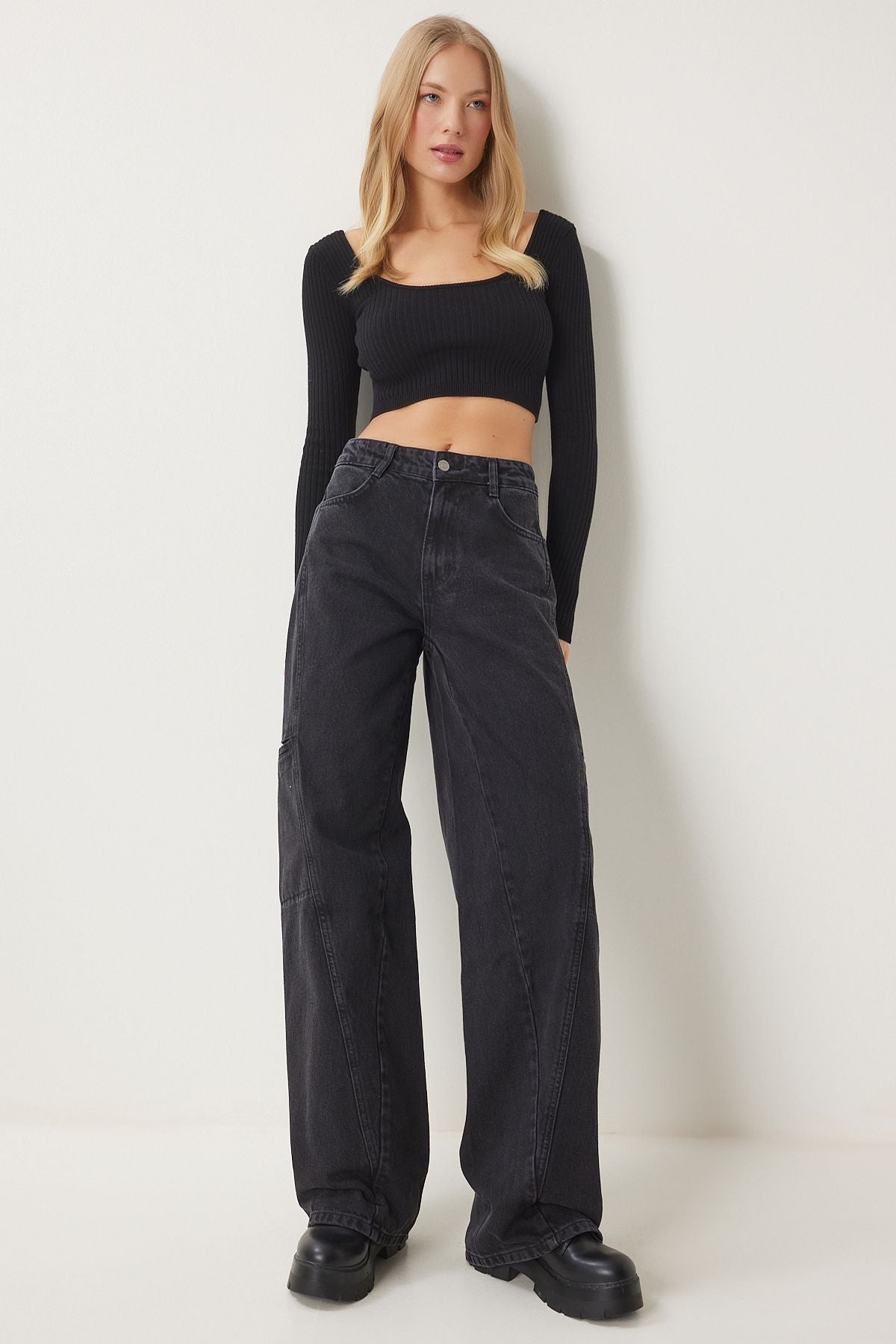 Siyah Geniş Paça Kargo Jean FN03184